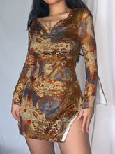 Summer Floral Print Flare Long Sleeve Mini Dress Casual Vintage Grunge Short Dress Ladies Split White Women Dress