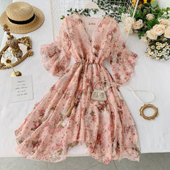 New Summer Women Dress Floral Chiffon Dress V-neck Trumpet Sleeve Elegant Beach A-Line Dresses Vestido De Festa P775