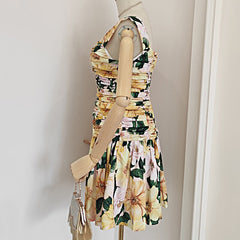 2023 Summer Woman Sleeveless Tube Top Collar Sling Print Vintage Sexy Sweet Mini Dress Korean Women A-line Pleated Holiday Dress