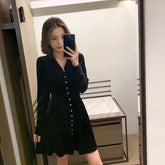 Autumn Winter women's Velvet Dress Red Sexy slim Pleated Short Dress Elegant V Neck Long Sleeve Button Party Dresses for Women