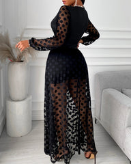 Women's Clothing Spring Polkadot Print Wrap Long Sleeve Maxi Dress See Through Party Wedding Formal Elegant Boho V Neck
