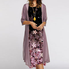 Hoobd Fashion Women Dress Autumn Sleeveless O-neck Print Loose Party Dresses +Cardigan Shawl Elegant Casual Lady Two Piece Set Dress