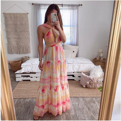 Summer Bohemian Dress Women Gradient Print Halter Dresses Sexy Deep V Neck Backless Bow Holiday Vacation Beach Dresses