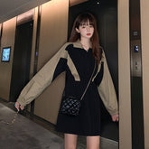 Women Vintage Color Contrast Front Zipper Mini Dress Long Sleeve Turn Down Collar Solid Casual Dress Winter Fashion Dress