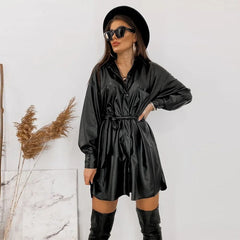 Women Vintage Front Buttons A-line PU Dress Long Sleeve Turn Down Collar Sashes Solid Casual Mini Dress Winter New Dress