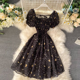 Hoobd New Summer Women Floral Print Mesh Dress Female Short Sleeve Holiday Beach Dress A-line Black Party Dresses Vestidos P776