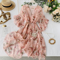 New Summer Women Dress Floral Chiffon Dress V-neck Trumpet Sleeve Elegant Beach A-Line Dresses Vestido De Festa P775