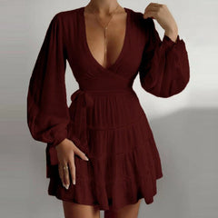 Deep V-Neck Ruffle A-Line Mini Dress Autumn Lantern Sleeve Bow High Waist Mini Party Dresses For Women
