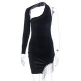 Velvet One Shoulder Long Sleeve Mini Dress