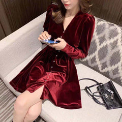 Autumn Winter women's Velvet Dress Red Sexy slim Pleated Short Dress Elegant V Neck Long Sleeve Button Party Dresses for Women