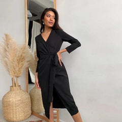 Women Office Lady Front Cross Slim Party Dress Long Sleeve Sexy V neck Whit Color Casual Dress Autumn Fsahion Women Dress