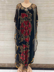 New Style African Women's Clothing Dashiki Abaya Fashion Gauze Fabric Sequins Bat Sleeve Loose Dress Free Size Single Piece