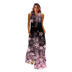 Ladies Spring Summer Long Dress Women Black Sleeveless V-neck Loose Party Dresses Casual Face Print Vintage Beach Dress