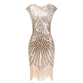 Flapper Great Gatsby Dress O-Neck Cap Sleeve Sequin Fringe Party Midi Dress