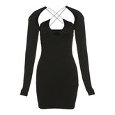 Sexy Hollow Halter Lace Up Black Bodycon Mini Dress Women Fashion Cross Backless Long Sleeve Party Club Clothes For Female