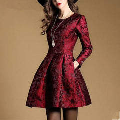 New Autumn Long Sleeve Jacquard Dress Work Casual Party Slim O-neck Printing Dresses Women A-line Vintage Vestidos Spring