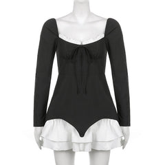 Hoobd Patchwork Slim Ball Gown A-Line Dress Vintage Quare Collar Long Sleeve Mini Dresses For Women Elegant Fashion Lady