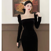Black Elegant Evening Midi Dress Women Bodycon France Vintage Velvet Party Dress Ladies Korean Fashion Chic Dresses Autumn