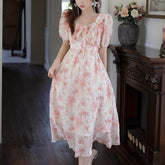 Chiffon Dress Women's Summer Temperament Square Collar Sweet A-line Midi Floral Pink Holiday Dresses MXA26L0197