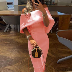 Women Casual Solid Color Long Dress Elegant Off Shoulder Cape Design Skinny Party Dress Autumn Fashion Back Bow Dress Vestido