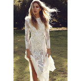 2023 Summer Women Long Party Dress Vintage Long Sleeve Floor Length Sexy Backless White Lace Maxi Dress