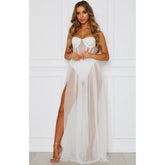 Hoobd Sexy Women Boho Retro See-through Bodycon Spaghetti Strap Long Dress Elastic High Waist Party Summer Beach Bodysuit Sundress