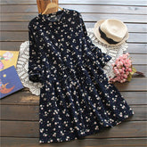 Corduroy High Elastic Waist Vintage Dress Spring Autumn Women Full Sleeve Shirt Dress Floral Print Dresses Vestidos