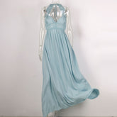 2023 Summer Women's Lace Dress Strapless Patchwork Rayon Long Dress Tie Up Backless Boho Dress V-neck Maxi Robes Party Dresses