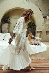 2023 Women's New Cotton Lace Dress Beach Style Sweet Summer Maxi Dress Solid V-neck Ankle Length Holiday Dress Ethnic Boho Dress