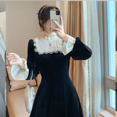 French Retro Black Midi Dress Women Elegant One Piece Dress Korean Autumn SLim Lace Evening Party Velvet Dress Female Cute