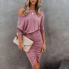 Women Vintage Off the Shoulder Front Split Sheath Party Dress Long Sleeve O neck Elegant Casual Mini Dress 2023 Spring Fashion