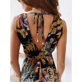Casual Loose Bohemian Beach Vacation Summer Midi Dress For Women Fashion Print Lace Up Sexy Backless Deep V-neck Maxi Dresses