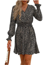 Fashion V-neck Printing Elastic Waist Pullover A-line Dress