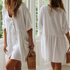 Hoobd2023 Bohemian Casual Summer Beach Dress White Tunic Women Beachwear Cover-ups Plus Size Sexy Pareo Dress Sarong plage N771