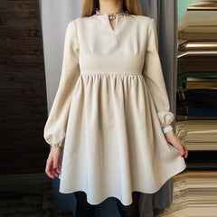 O-Neck Folds Lantern Sleeve Casual Dresses Autumn Solid Color A-Line Loose Comfort High Waist Dress For Women New