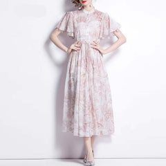 2023 Summer ZA Women's Dress Clothing Elegant Light Pink Petal Sleeve Print Drawstring Vintage Casual Party Dresses Traf