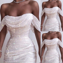Shouder Women Dress Glitter Sequin Summer White Dresses Elegant Lady Draped Swing Collar Dresses Evening Party Dress