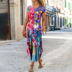 Elegant Women Maxi Dress 2023 Summer O Neck Short Sleeve Sundress Office Lady Party Dress Female Print A-Line Long Dress Vestido