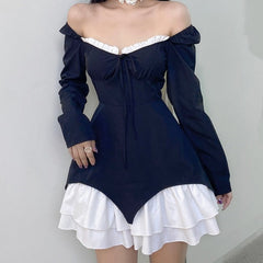 Hoobd Patchwork Slim Ball Gown A-Line Dress Vintage Quare Collar Long Sleeve Mini Dresses For Women Elegant Fashion Lady