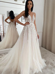 BEACH Spaghetti Strap Deep V Neck Wedding Dress For Bride Lace Appliques Sparkly Tulle Backless Gorgeous Bridal Gowns