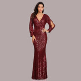 Formal Prom Party Gown Full Sequins long Sleeve dress