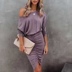 Women Vintage Off the Shoulder Front Split Sheath Party Dress Long Sleeve O neck Elegant Casual Mini Dress 2023 Spring Fashion
