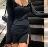 Square Neck Lace Patchwork Bodycon Black Dress