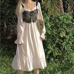 Korean Princess Vintage Dress Women Autumn Patchwork Elegant Midi Dress Female Long Sleeve Party High Waist Casual Dress