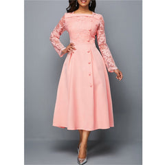 Hoobd Women's Dress Elegant Long Sleeve Lace Stitching High Waist big hem mid-length Oversized Dresses For Women
