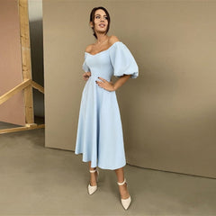Churses Sexy Slash Neck Backless Midi Dress Autumn Elegant Puff Half Sleeve A-Line Long Party Dresses For Women 2021