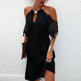 Elegant Short Sleeve Dress Women Halter Lace Patchwork Off Shoulder Sexy Short Dress Boho Summer Party Dress 2023