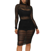 Hoobd Solid Mesh See Through Design Ruched Dress With Lining Black Dresses black