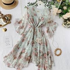 New Summer Women Dress Floral Chiffon Dress V-neck Trumpet Sleeve Elegant Beach A-Line Dresses Vestido De Festa P775