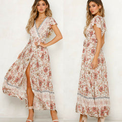Women Bohemian V Neck Summer Maxi Dress Butterfly Short Sleeve Floral High Split Long Dress Wrap High Waist Bandage Sundress